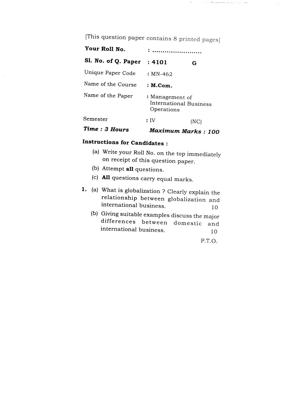 DU SOL M.Com Question Paper 2nd Year 2018 Sem 4 Management Of International Business Operations - Page 1