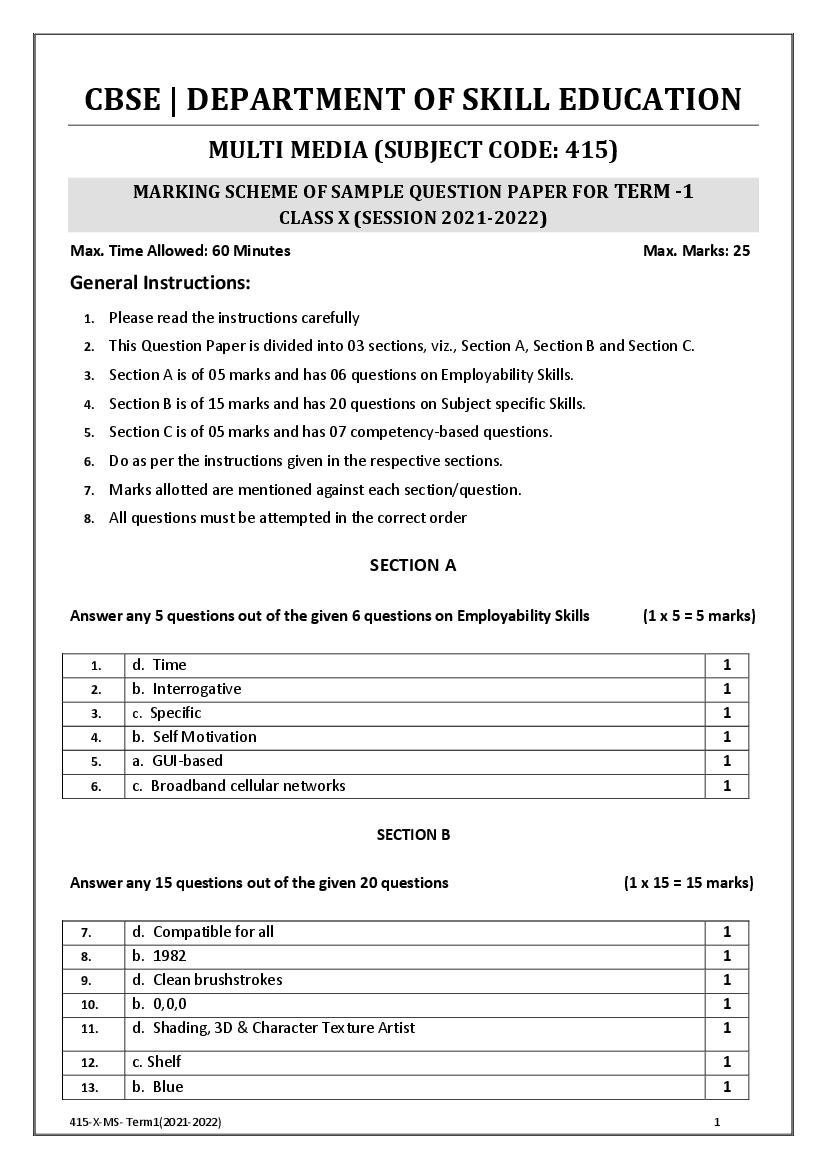 CBSE Class 10 Marking Scheme 2022 for Media - Page 1 of 2