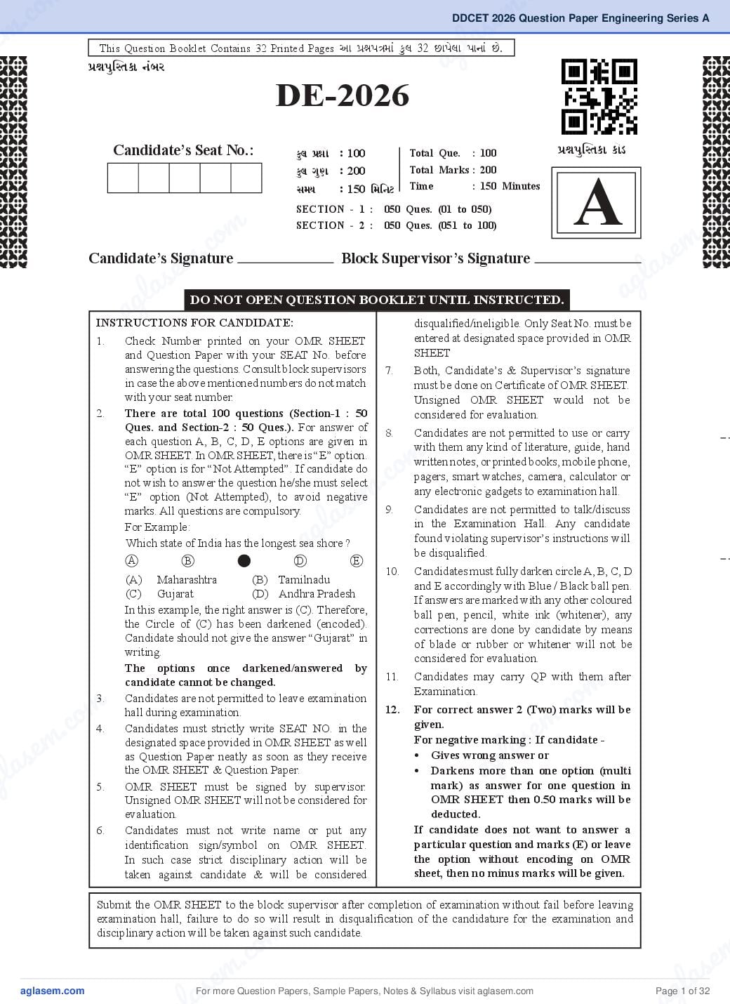 DDCET 2026 Question Paper Engineering Series A - Page 1 of 32