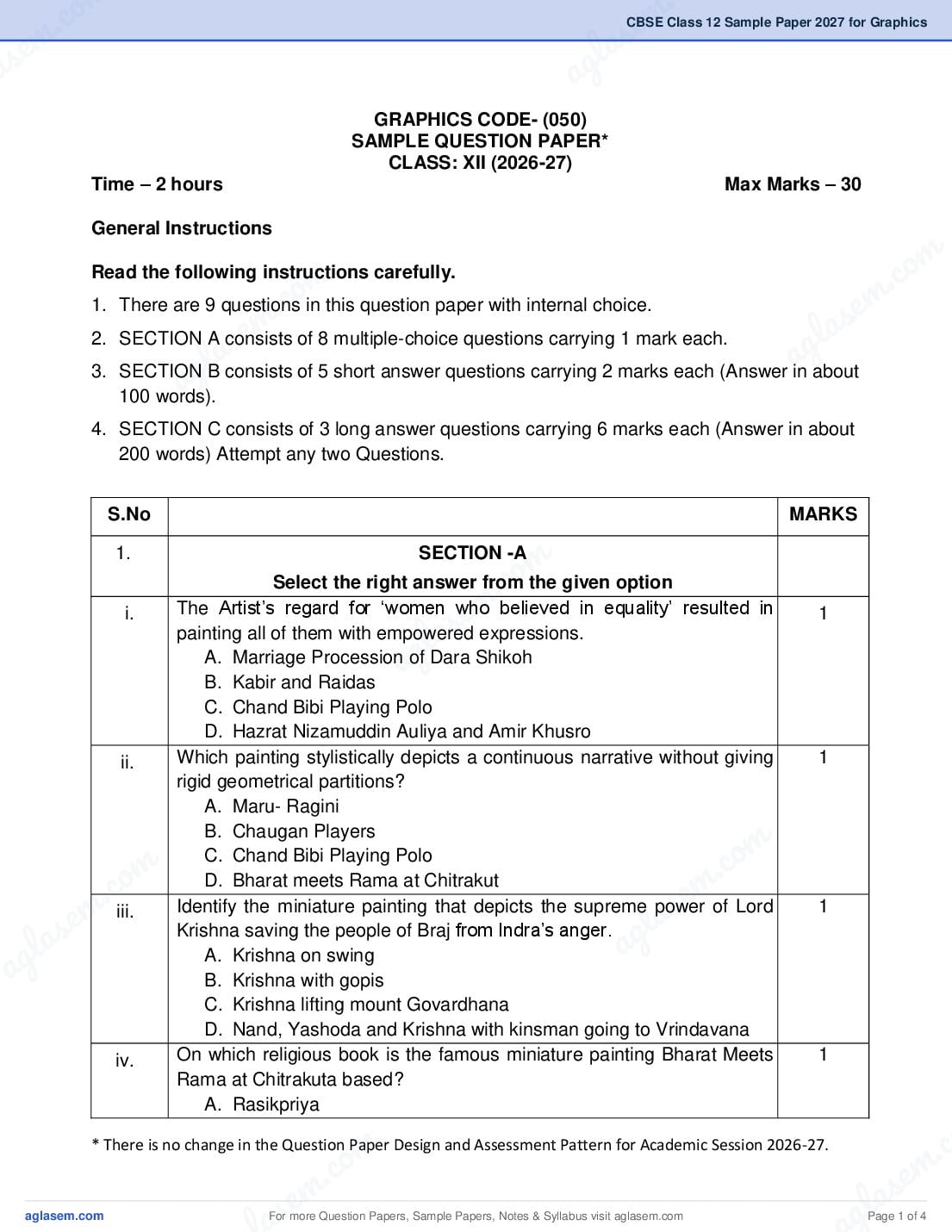 CBSE Class 12 Sample Paper 2027 for Graphics - Page 1 of 4