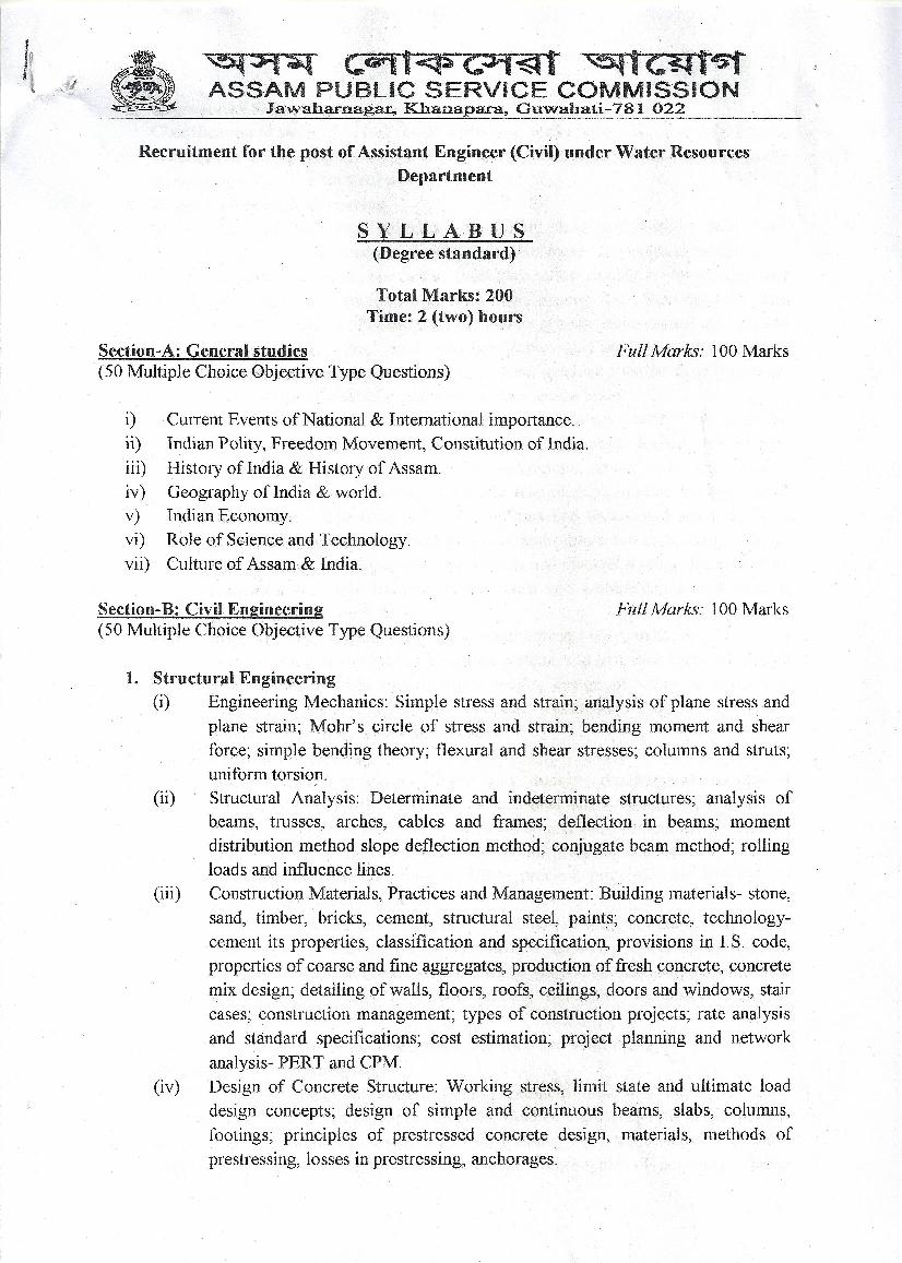 APSC Assistant Engineer Civil (WRD) Direct Recruitment Syllabus - Page 1