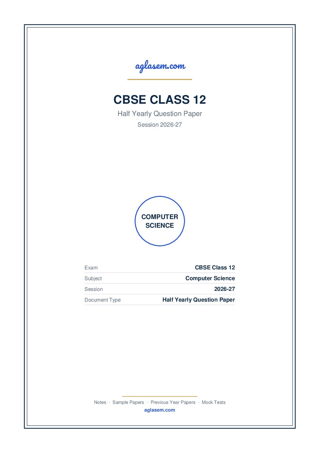 Class 12 Half Yearly Question Paper 2026-27 Computer Science - Page 1 of 7