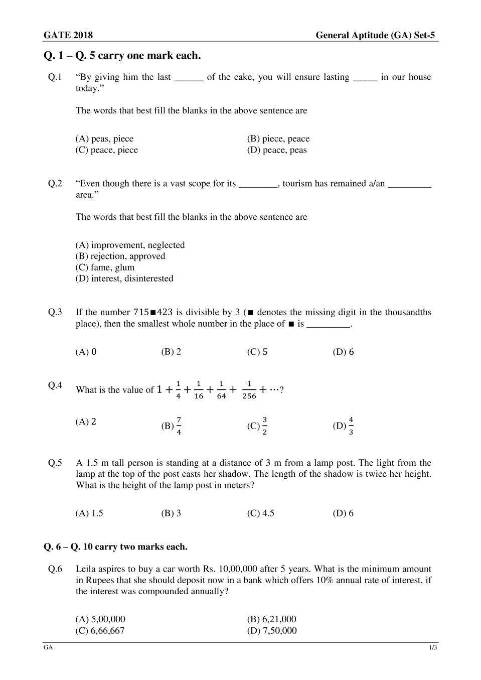 GATE 2018 Electronics and Communication Engineering (EC) Question Paper with Answer - Page 1