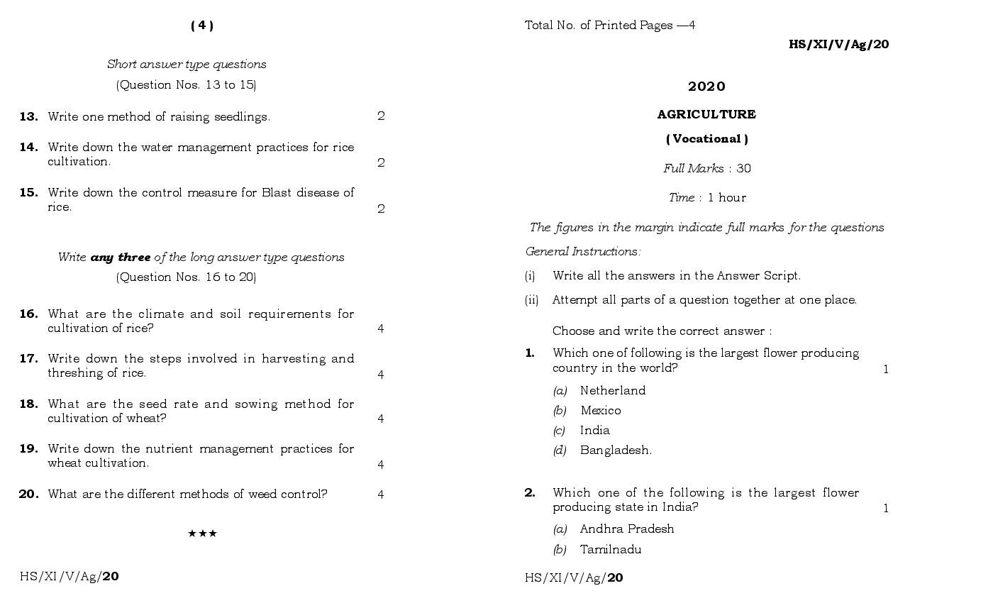 MBOSE Class 11 Question Paper 2020 for Agriculture - Page 1