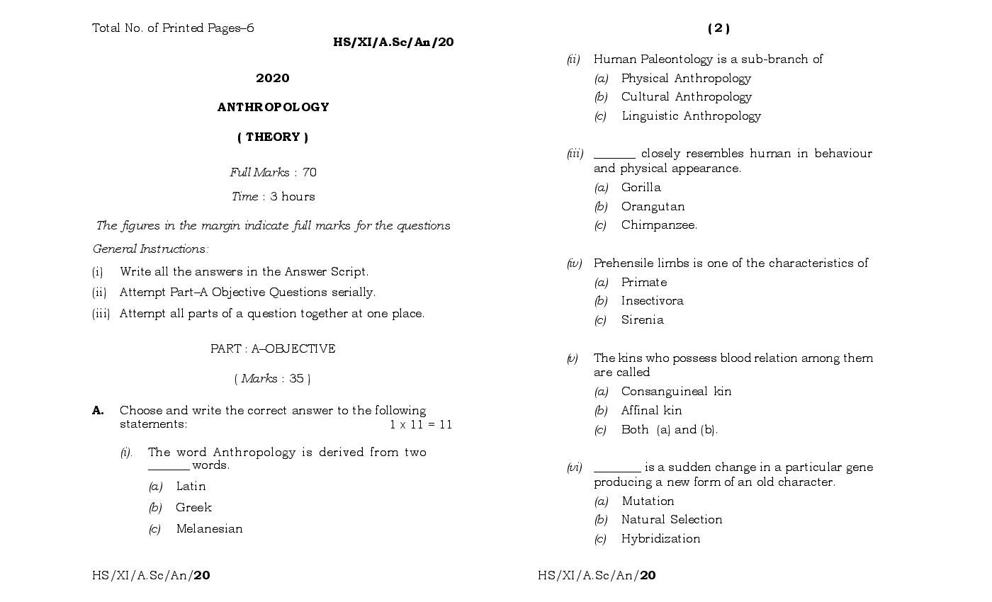 MBOSE Class 11 Question Paper 2020 for Anthropology - Page 1