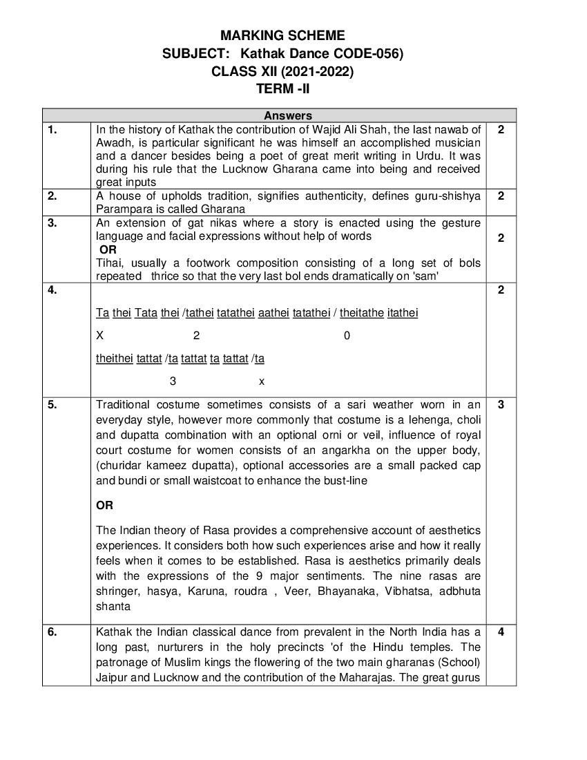 CBSE Class 12 Marking Scheme 2022 for Kathak Term 2 - Page 1