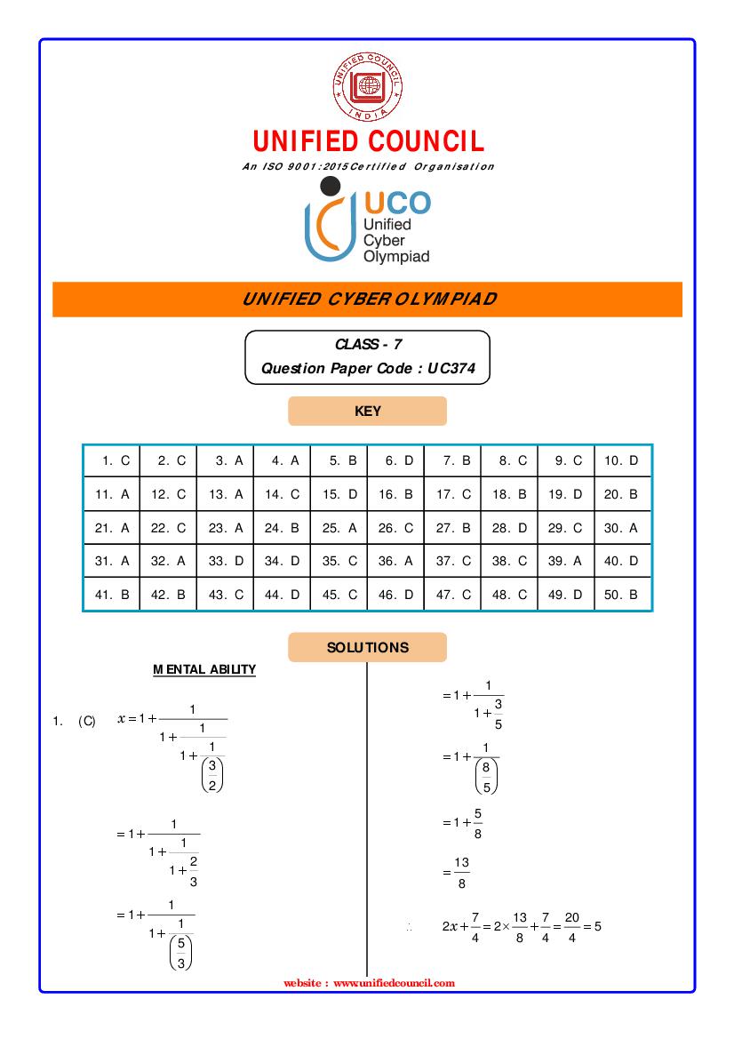 UCO 2021 Class 7 Answer Key Paper Code-UC374 - Page 1