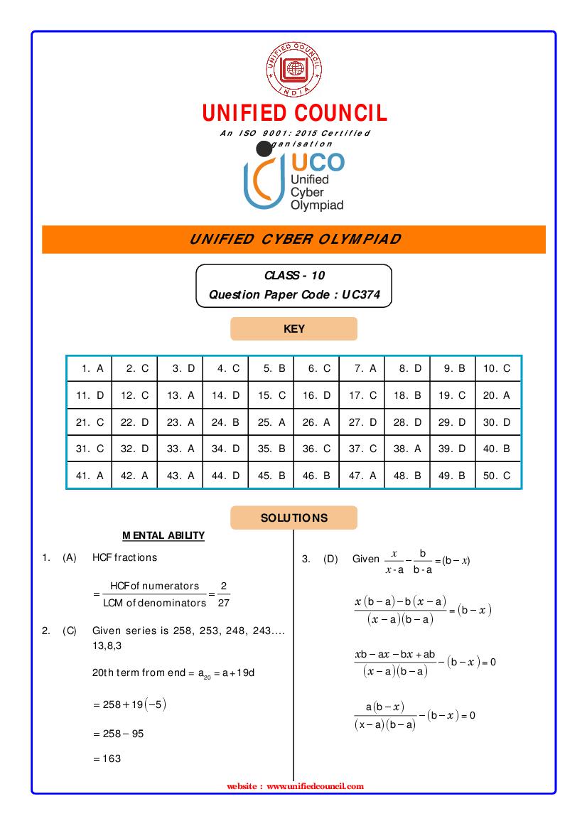 UCO 2021 Class 10 Answer Key Paper Code-UC374 - Page 1