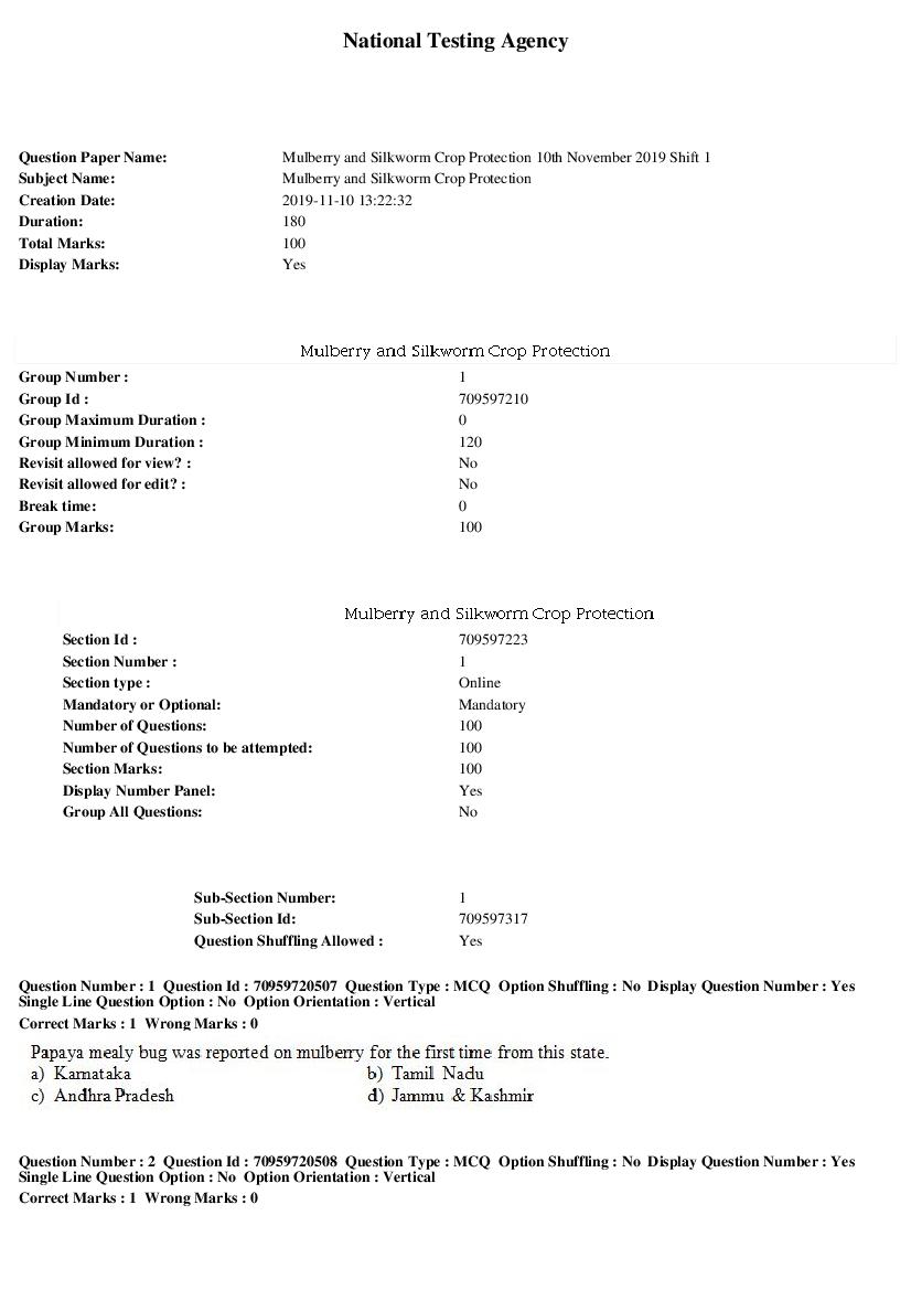 SWAYAM 2019 Question Paper Mulberry and Silkworm Crop Protection - Page 1 of 16