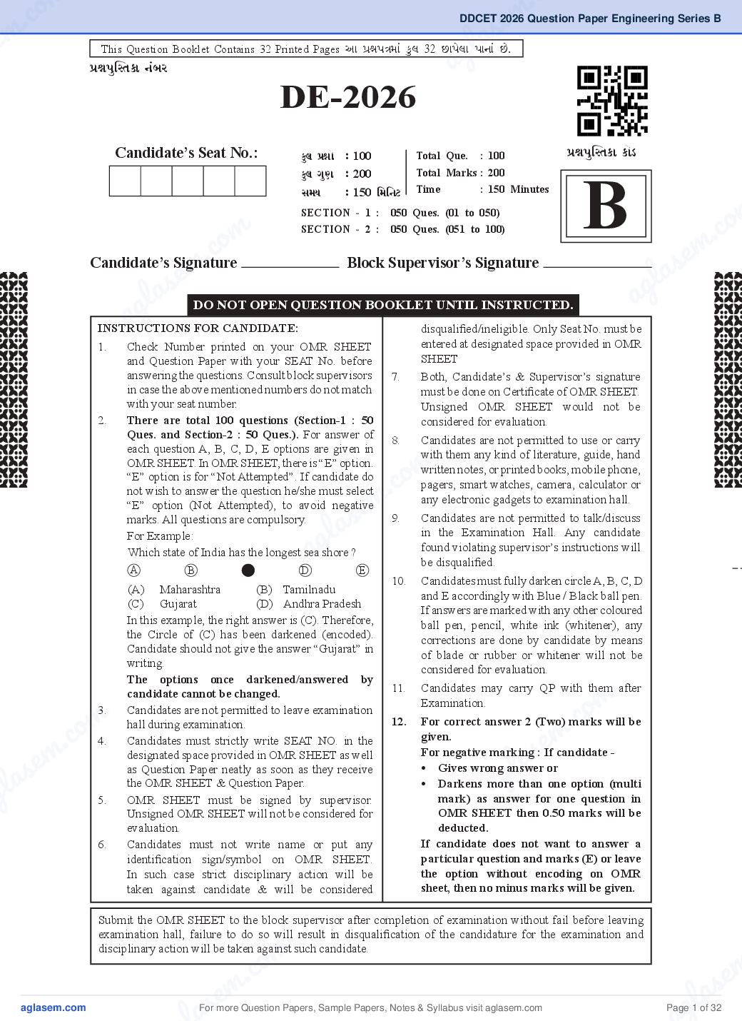 DDCET 2026 Question Paper Engineering Series B - Page 1 of 32