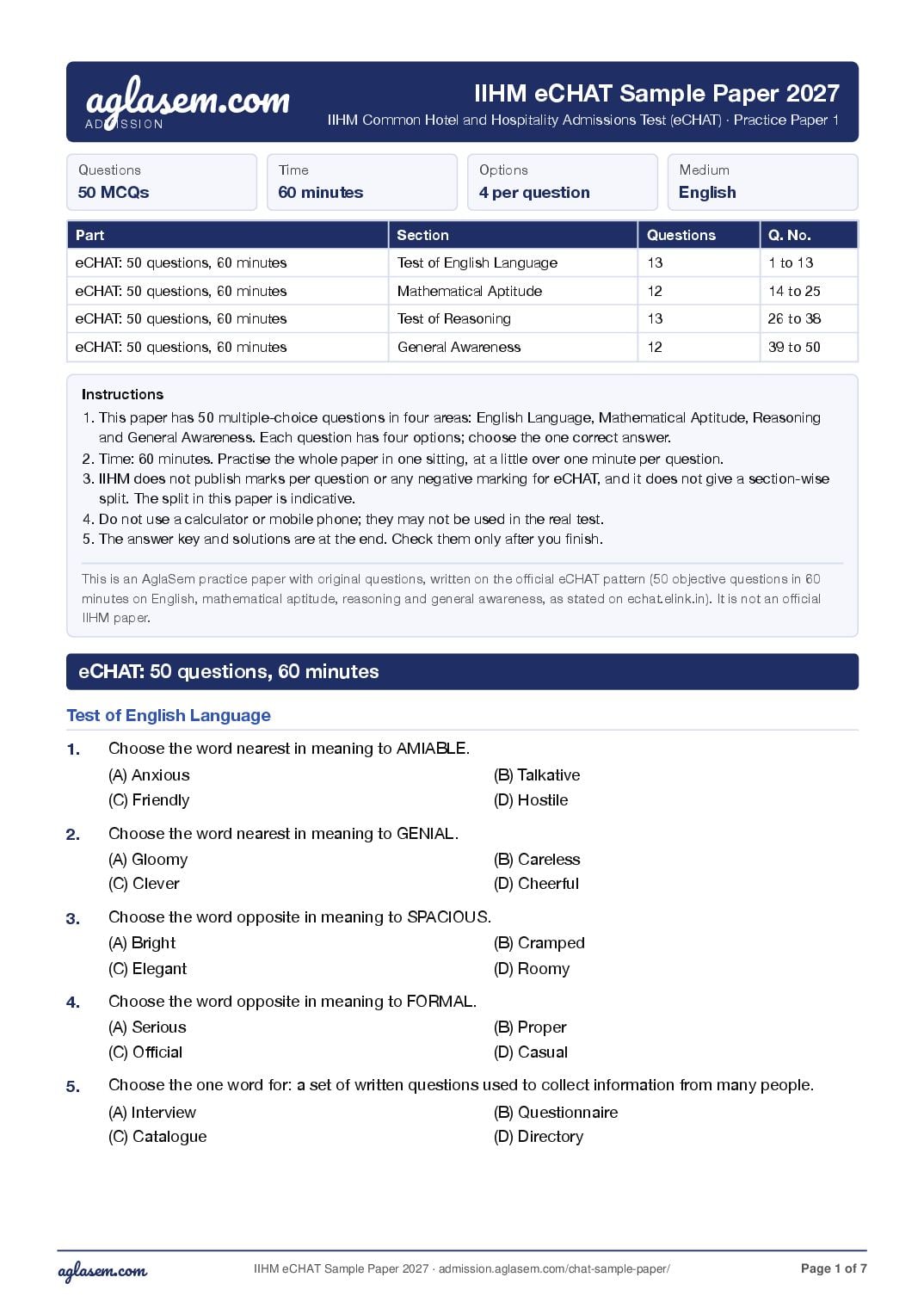 IIHM eCHAT 2027 Sample Paper - Page 1 of 7