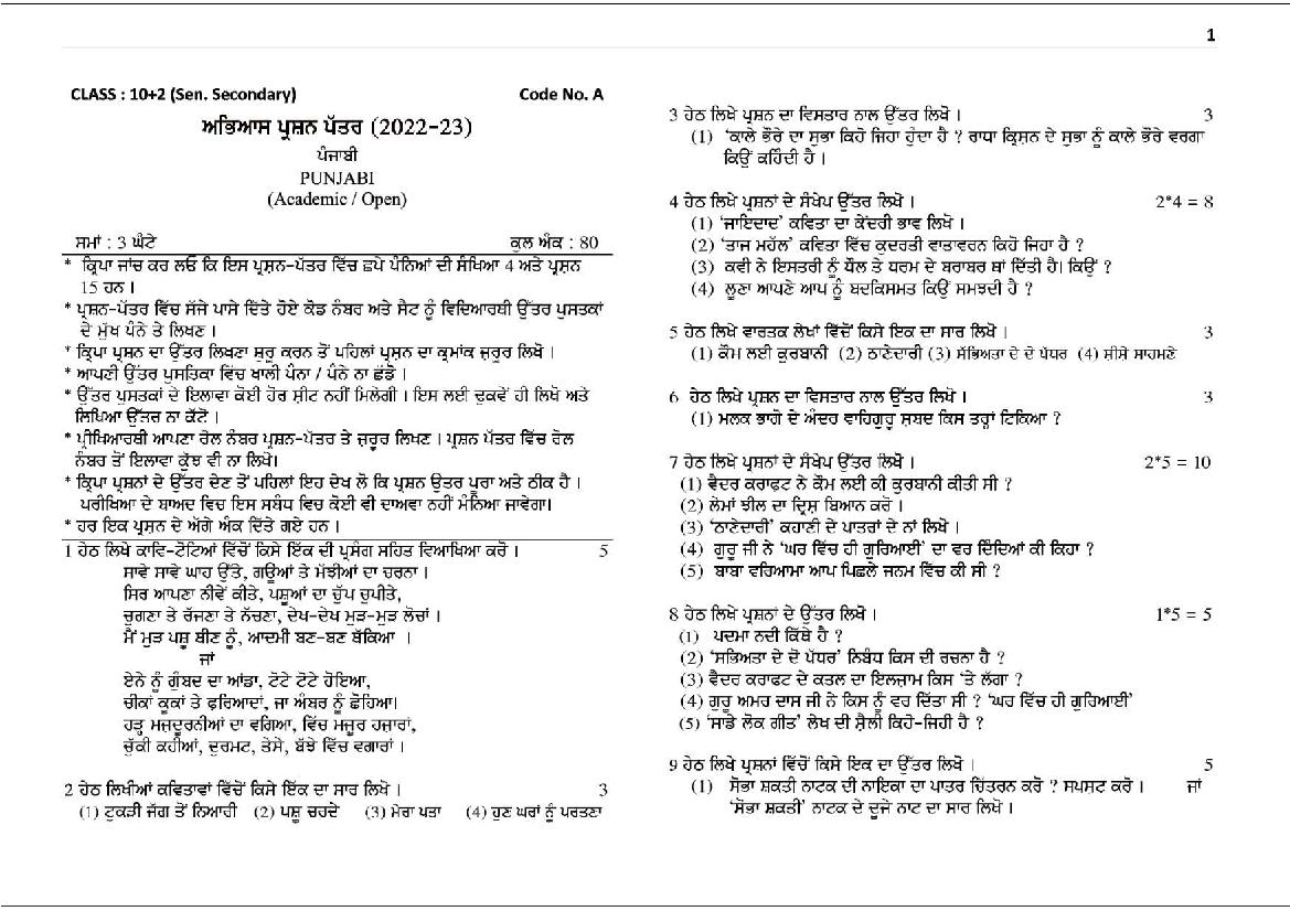 HBSE Class 12 Sample Paper 2023 Punjabi Set A - Page 1