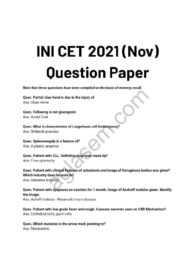 INI CET 2021 November Question Paper (based on memory recall) - Page 1
