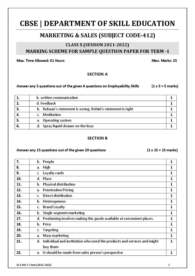CBSE Class 10 Marking Scheme 2022 for Marketing Sales - Page 1 of 2