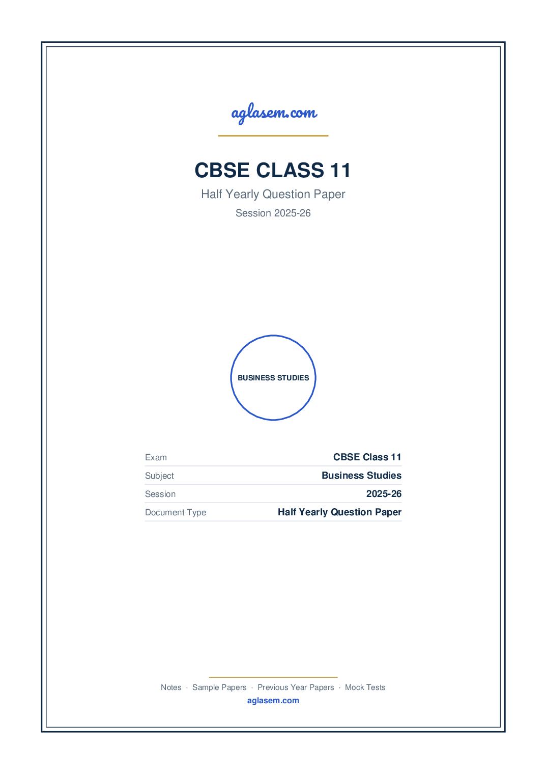 Class 11 Half Yearly Question Paper 2025-26 Business Studies - Page 1 of 7
