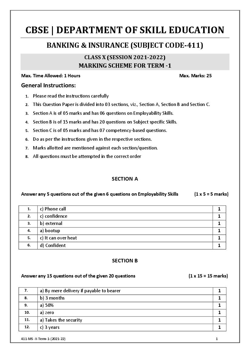 CBSE Class 10 Marking Scheme 2022 for Banking Insurance - Page 1 of 2
