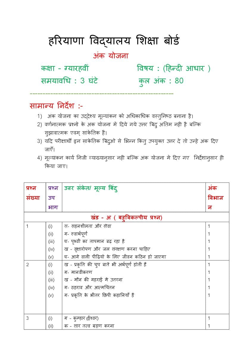 HBSE Class 11 Sample Paper 2026 Answers Hindi Aadhar - Page 1