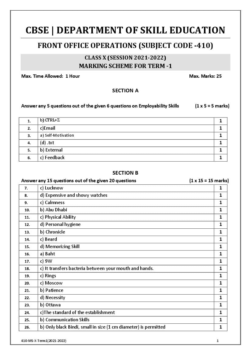 CBSE Class 10 Marking Scheme 2022 For Front Office Operations