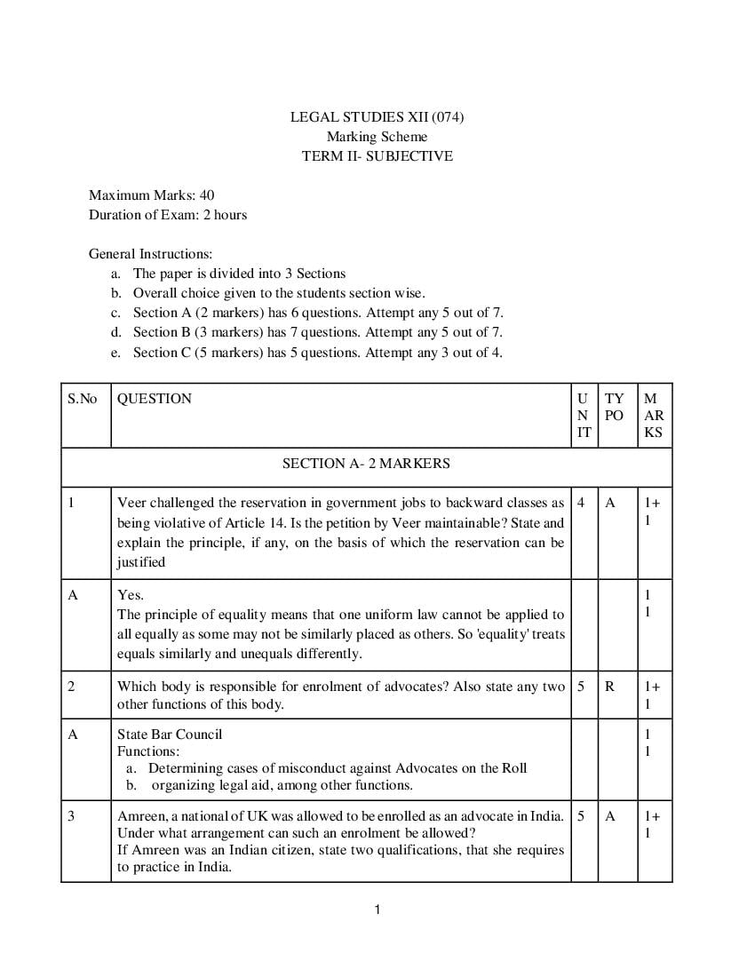 CBSE Class 12 Marking Scheme 2022 for Legal Studies Term 2 - Page 1