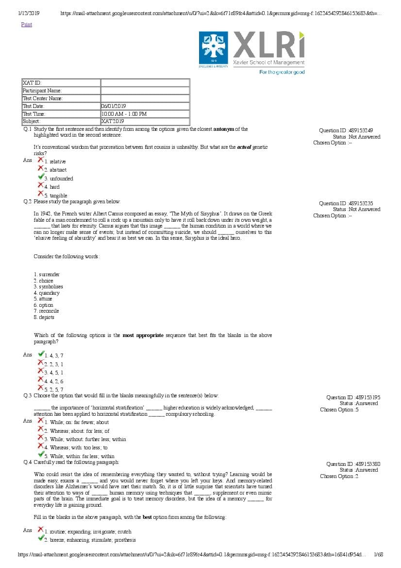 XAT 2019 Question Paper - Page 1