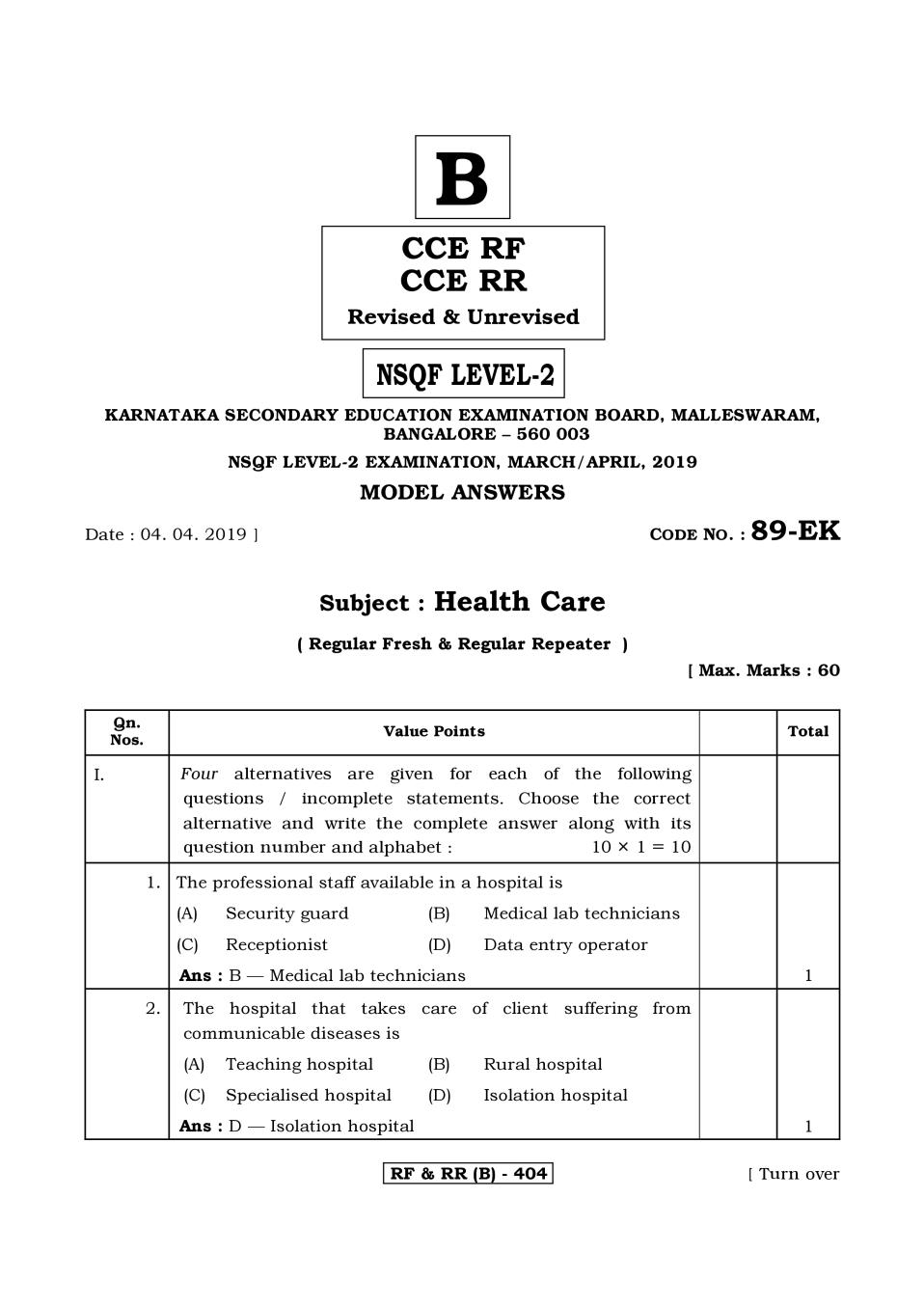 Karnataka SSLC Answer Key April 2019 Health Care - Page 1
