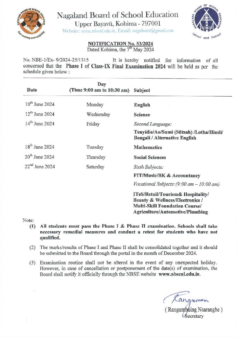 nbse exam routine 2024 class 9