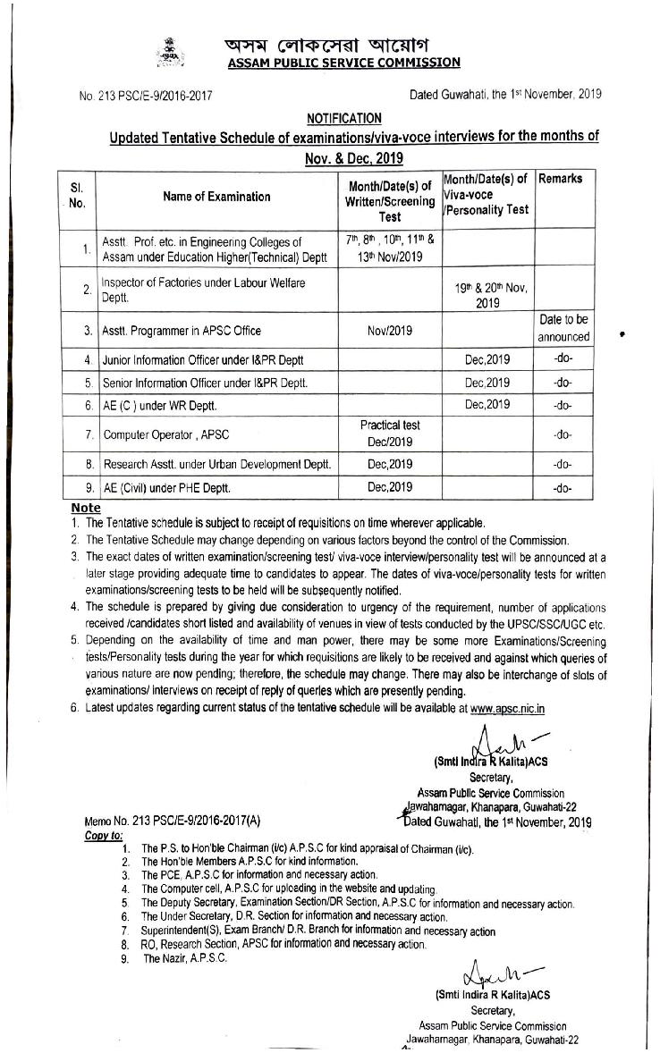 APSC Exam Calender Monthly for 2020 - Page 1