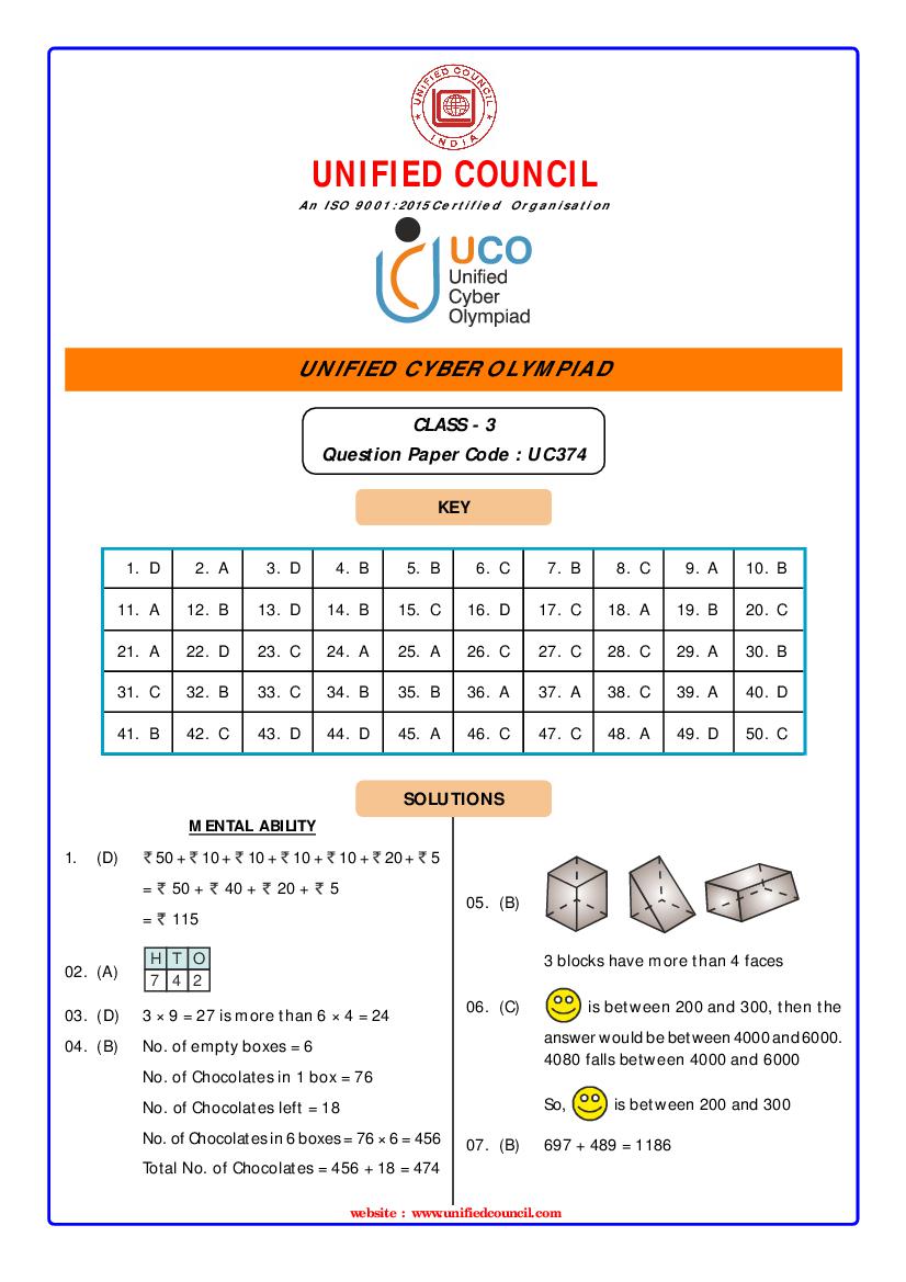 UCO 2021 Class 3 Answer Key Paper Code-UC374 - Page 1