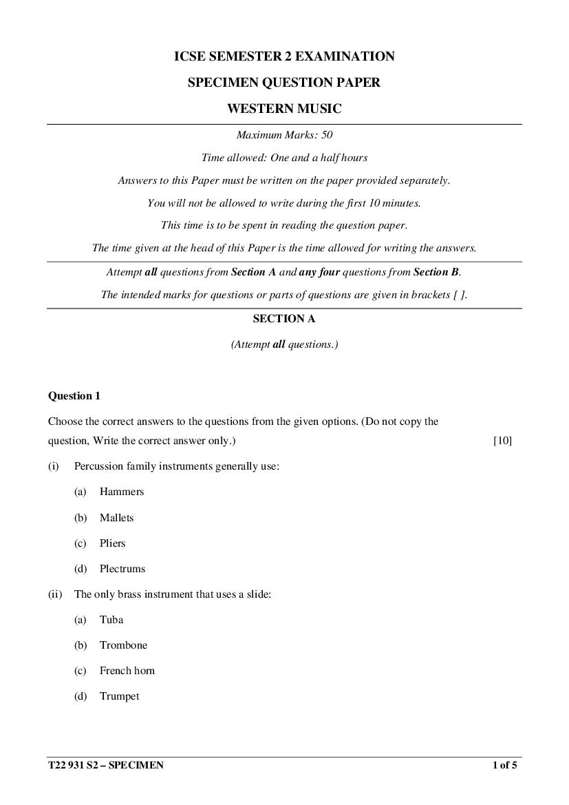 ICSE Class 10 Specimen Paper 2022 Western Music Semester 2 - Page 1