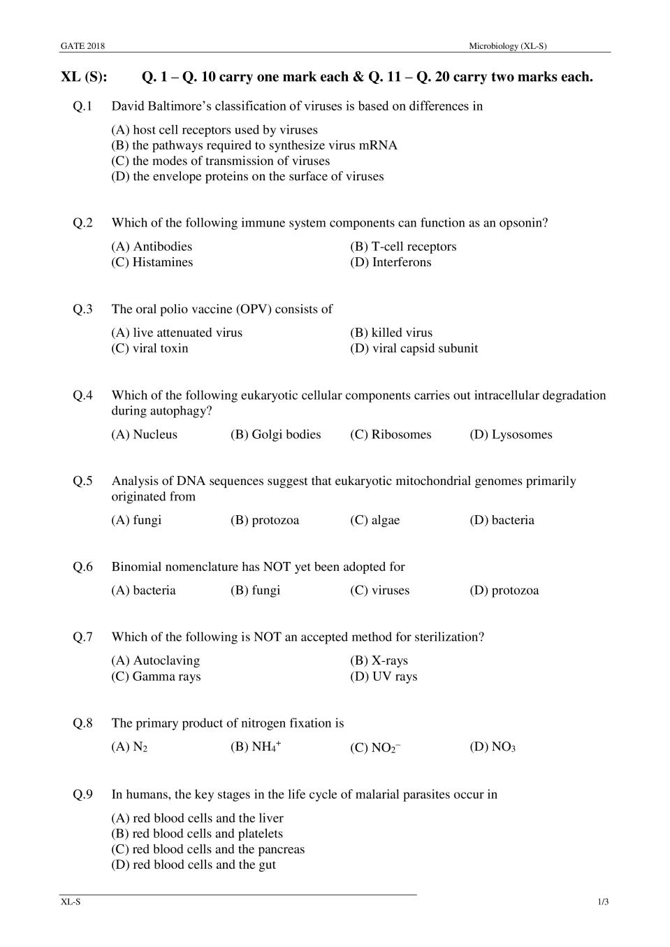 GATE 2018 Microbiology (XL-S) Question Paper with Answer - Page 1