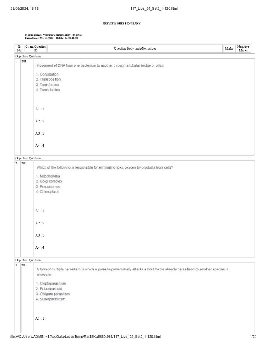 ICAR AICE JRF SRF (Ph.D) 2024 Question Paper Veterinary Microbiology - Page 1 of 54