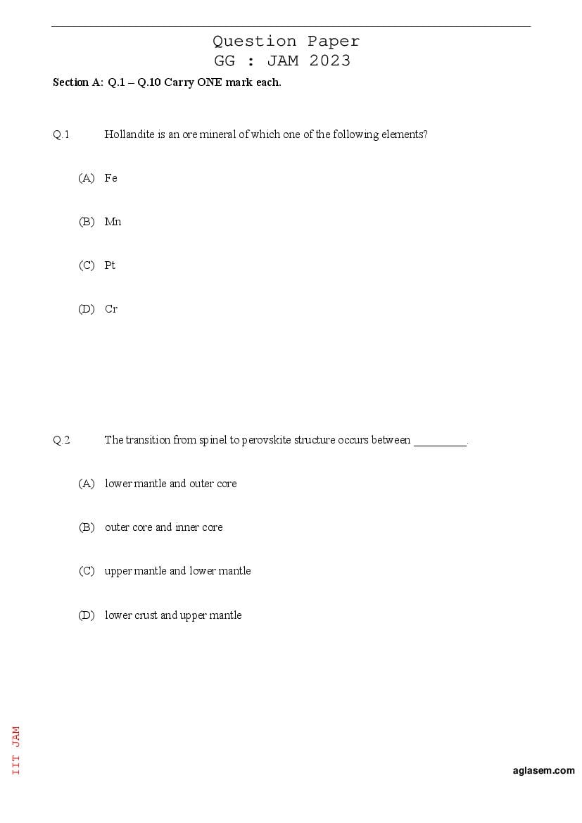 JAM 2023 Question Paper Geology (GG) - Page 1
