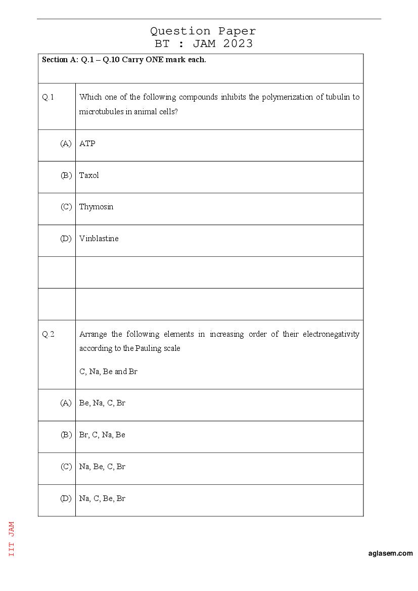JAM 2023 Question Paper Biotechnology (BT) - Page 1