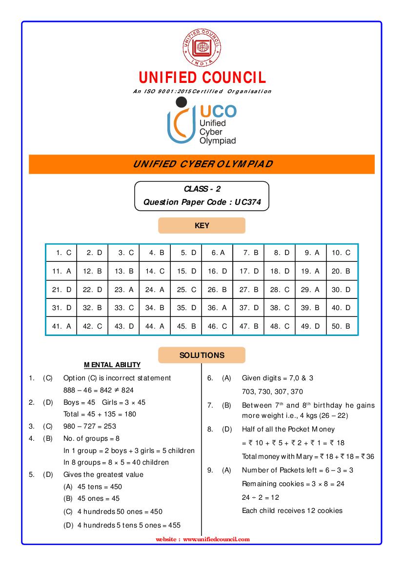 UCO 2021 Class 2 Answer Key Paper Code-UC374 - Page 1
