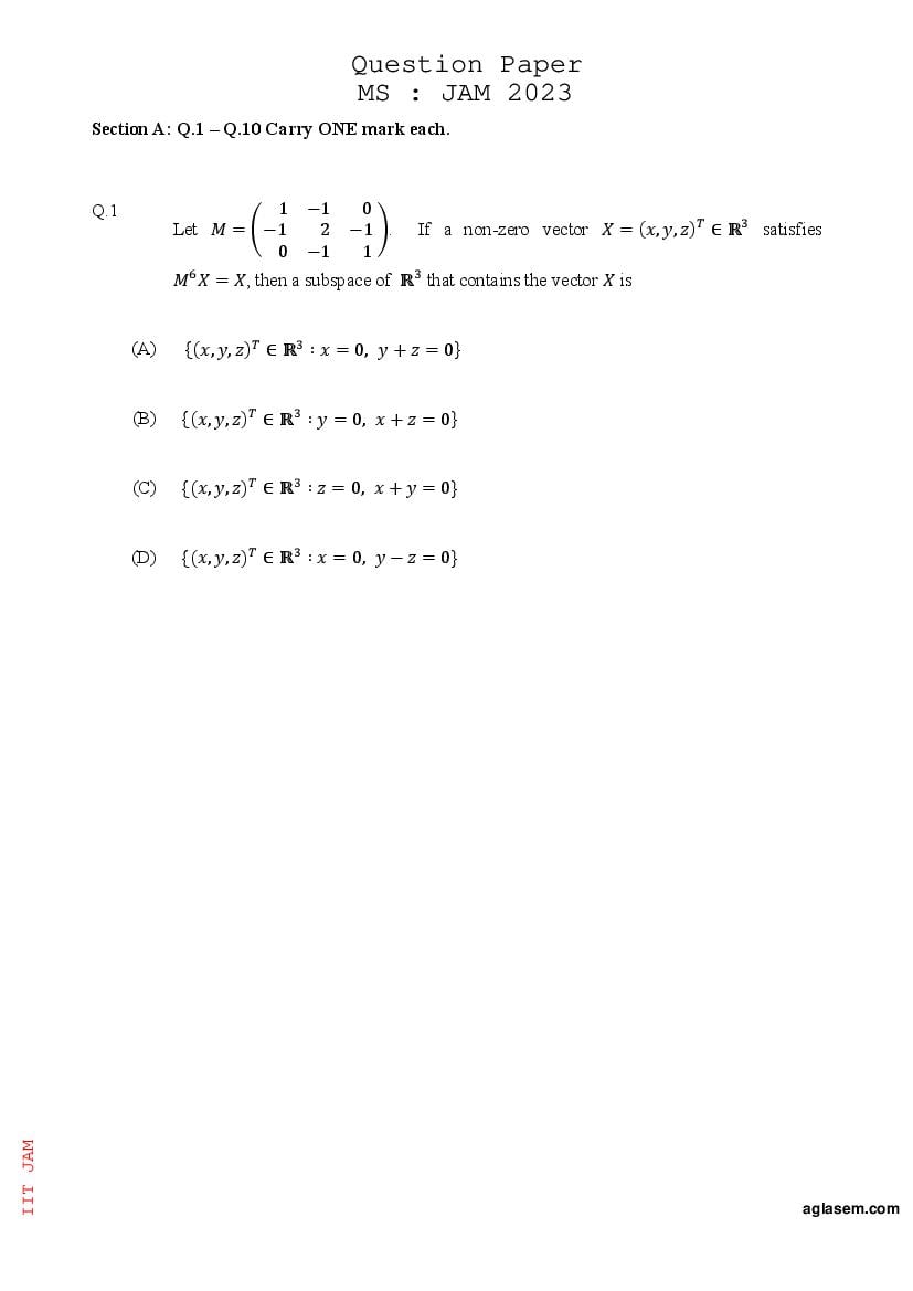 JAM 2023 Question Paper Mathematical Statistics (MS) - Page 1