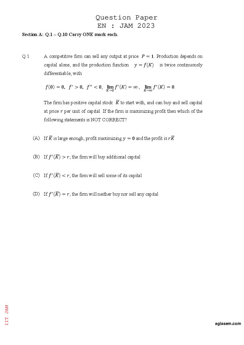 JAM 2023 Question Paper Economics (EN) - Page 1