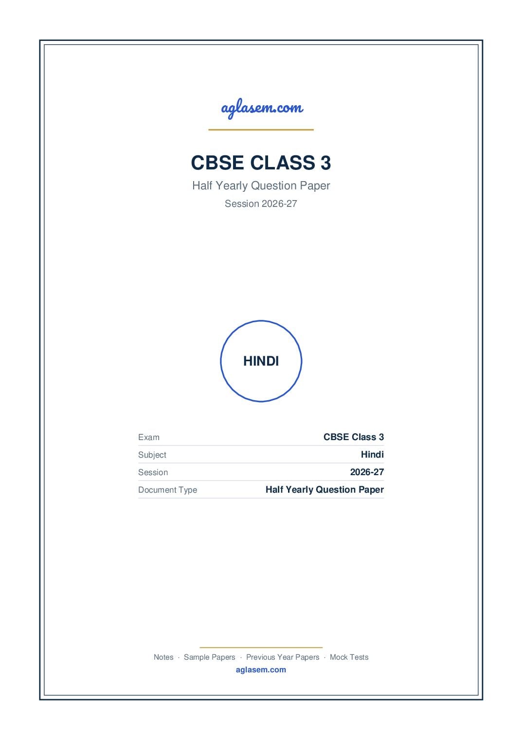Class 3 Half Yearly Question Paper 2026-27 Hindi - Page 1 of 6