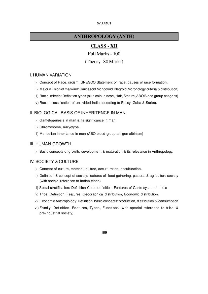 WBCHSE Class 12 Syllabus for Anthropology - Page 1