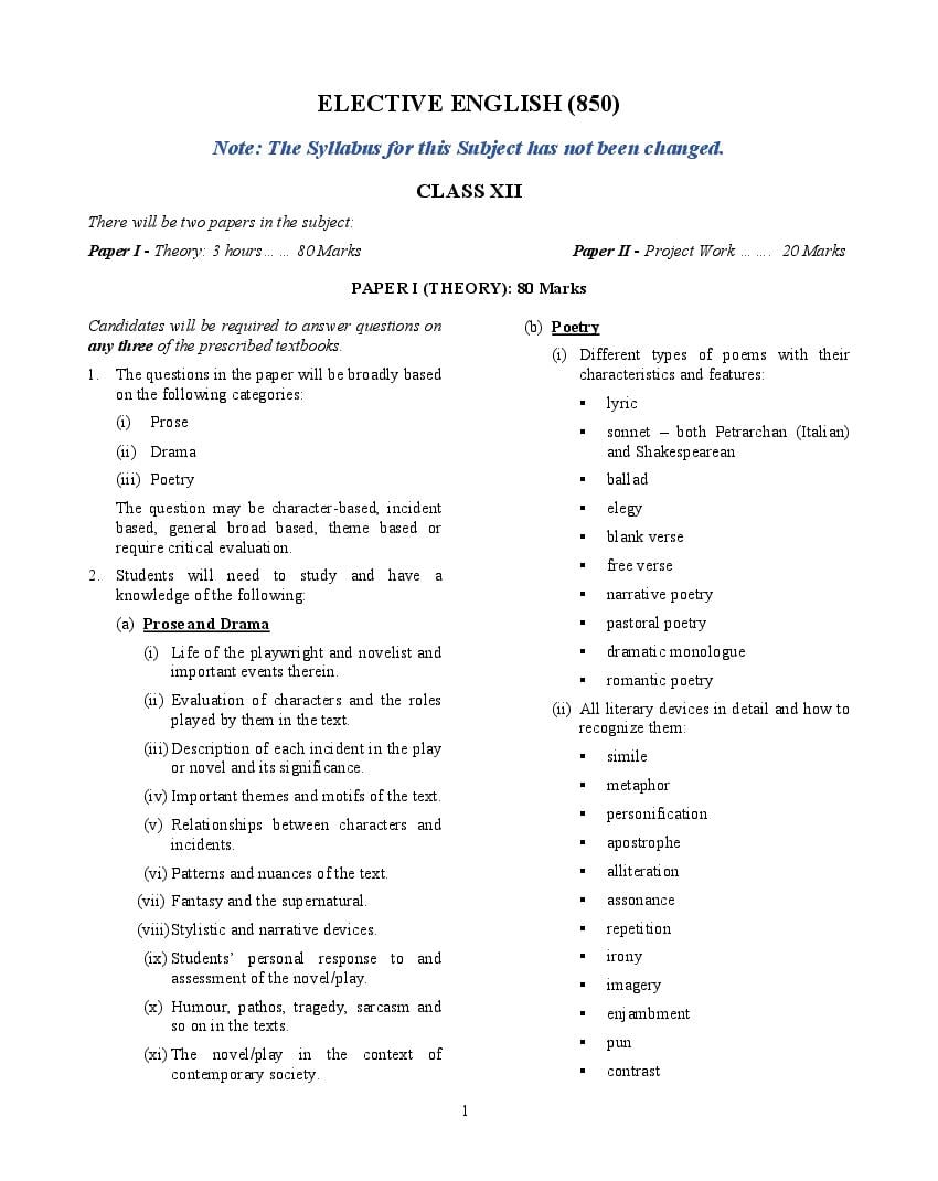 ISC Class 12 Syllabus 2024 English Elective - Page 1