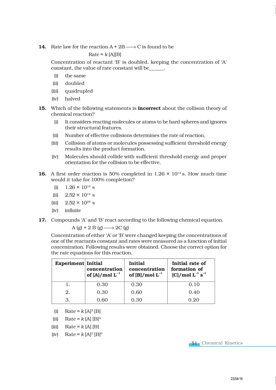 NCERT Exemplar Class 12 Chemistry Chapter 4 Chemical Kinetics