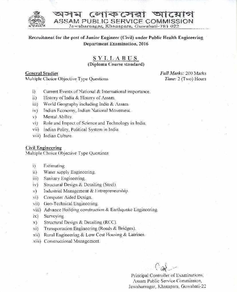 APSC Junior Engineer Civil (PHE) Direct Recruitment Syllabus - Page 1