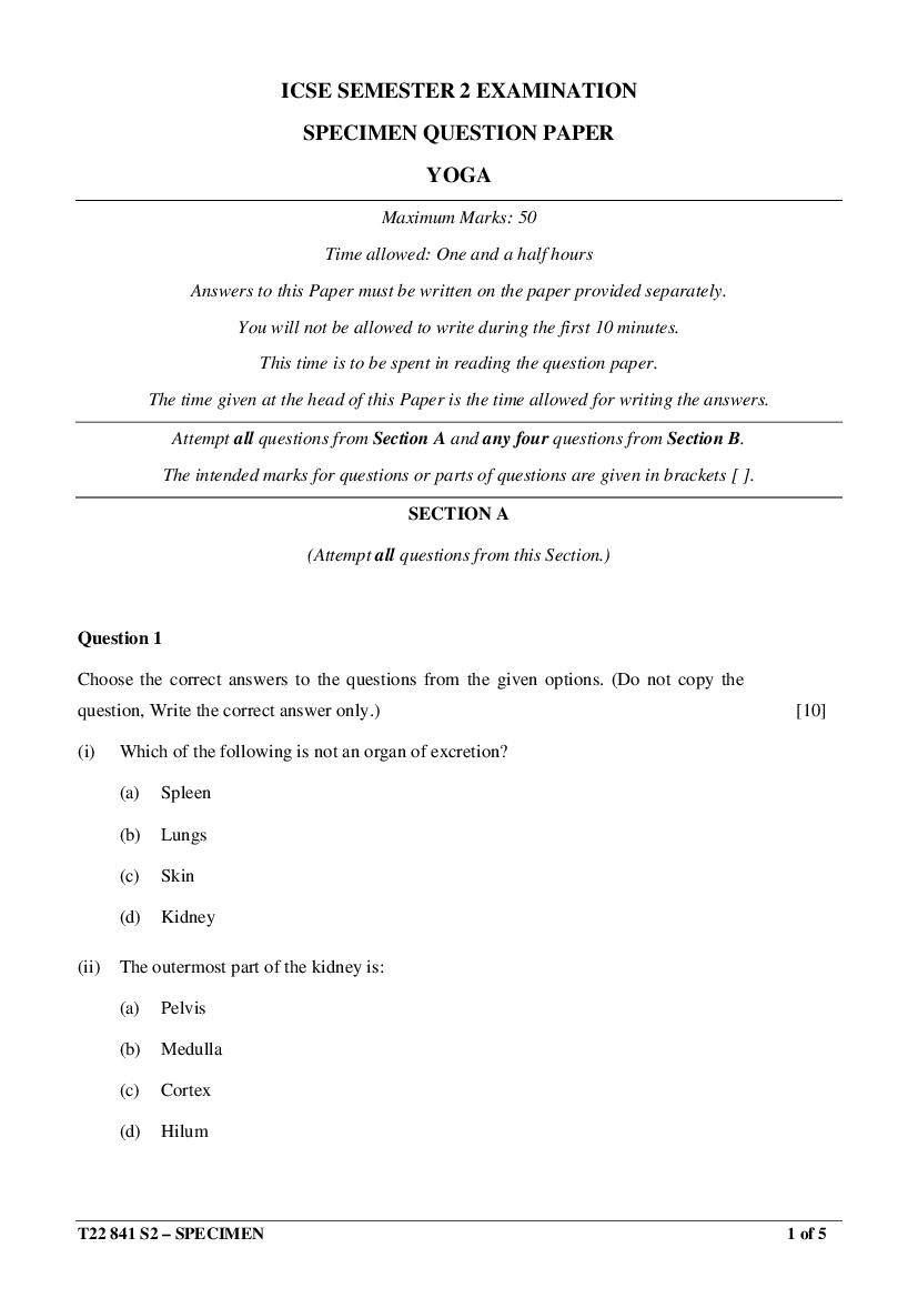 ICSE Class 10 Specimen Paper 2022 Yoga Semester 2 - Page 1