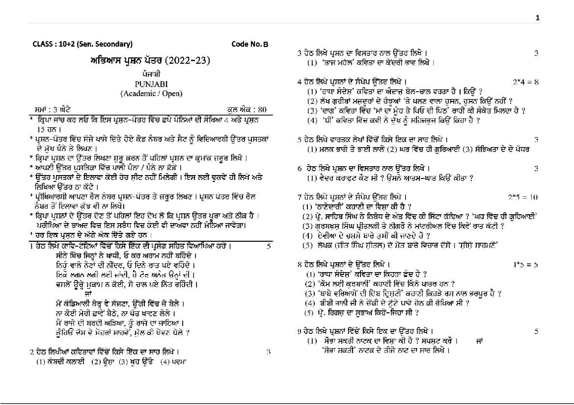 HBSE Class 12 Sample Paper 2023 Punjabi Set B - Page 1