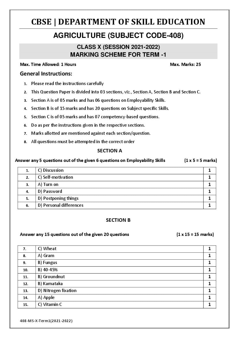 CBSE Class 10 Marking Scheme 2022 for Agriculture - Page 1 of 2