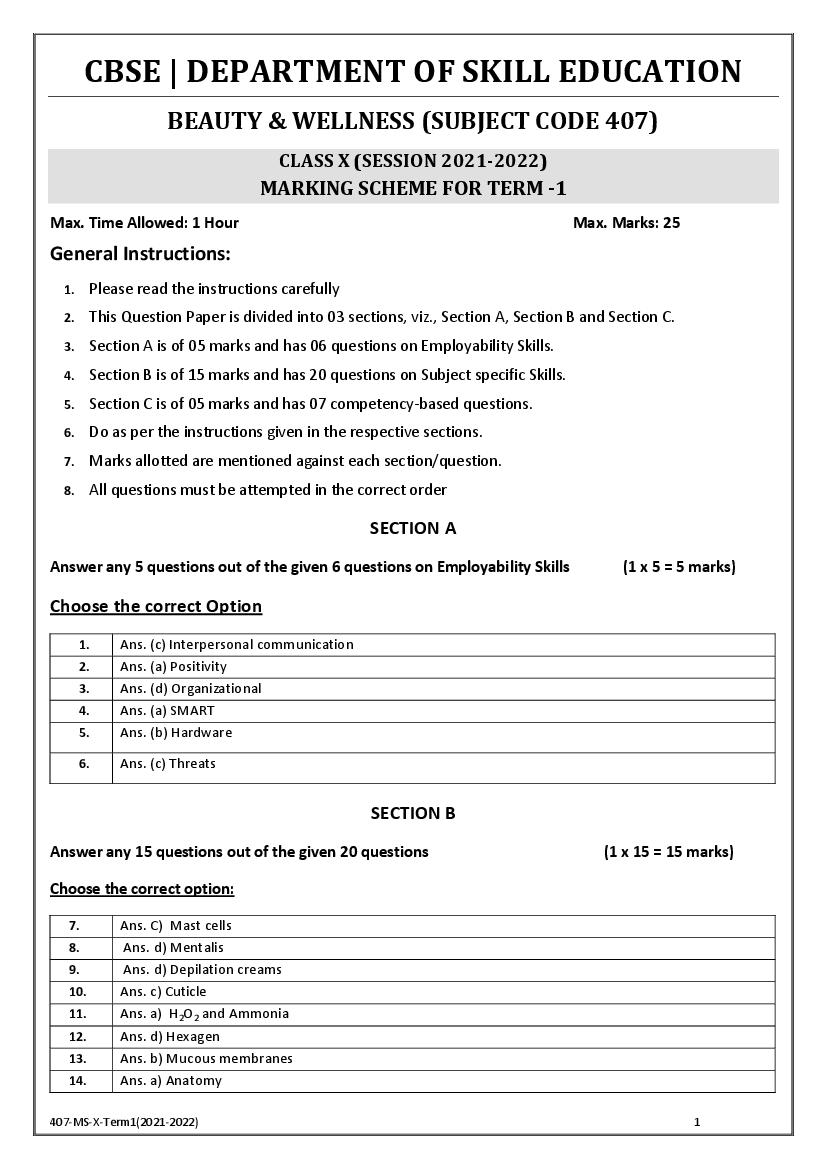 CBSE Class 10 Marking Scheme 2022 for Beauty & Wellness - Page 1 of 2