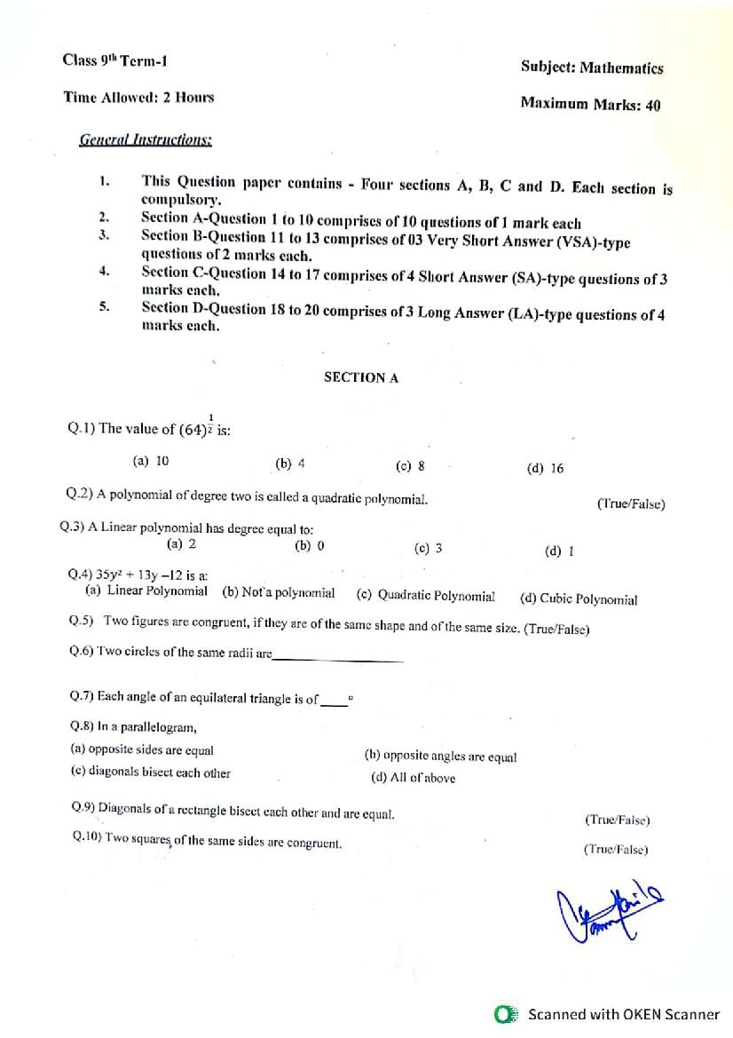 JKBOSE 9th Class Model Paper 2024 Maths - Page 1