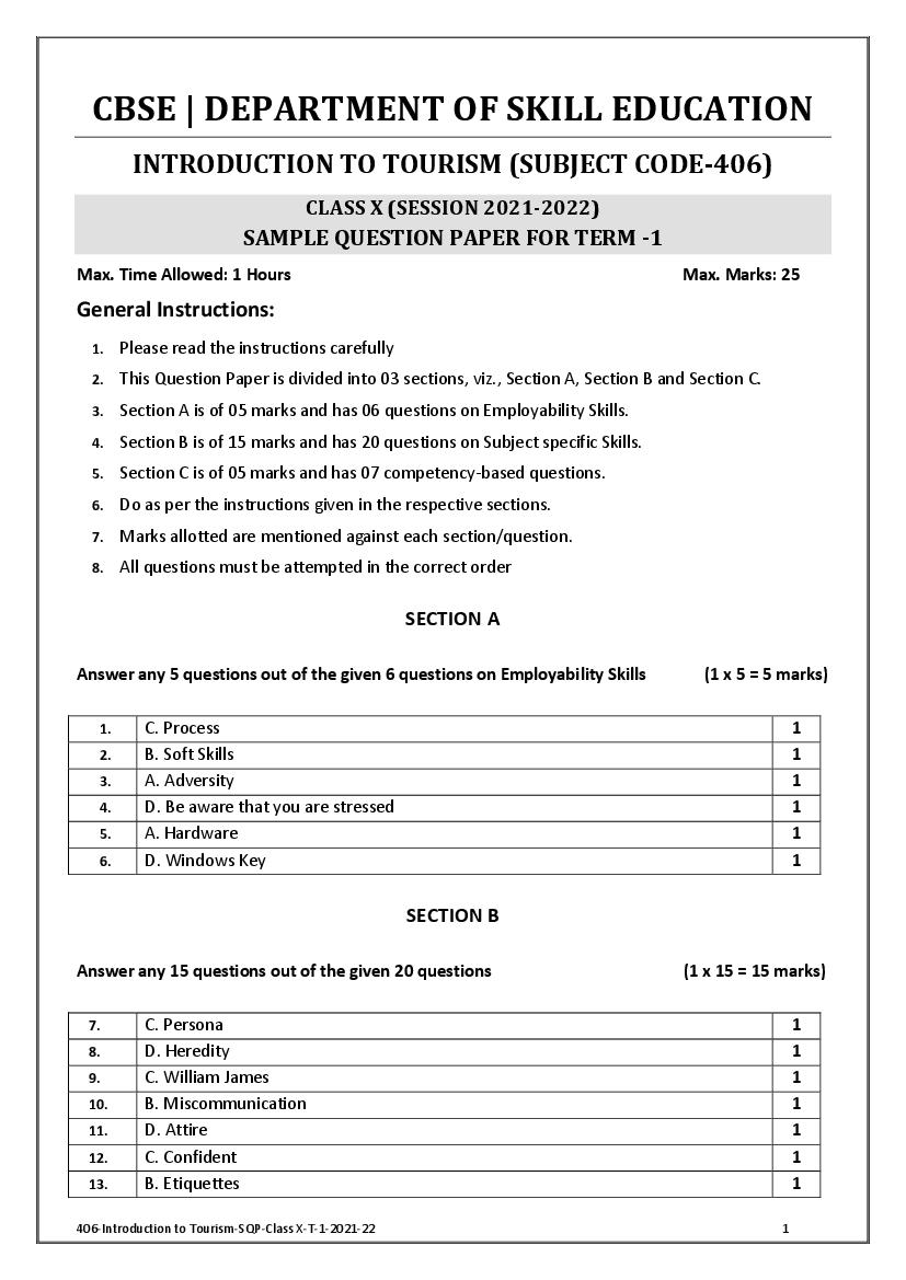 CBSE Class 10 Marking Scheme 2022 for Introduction To Tourism - Page 1 of 2