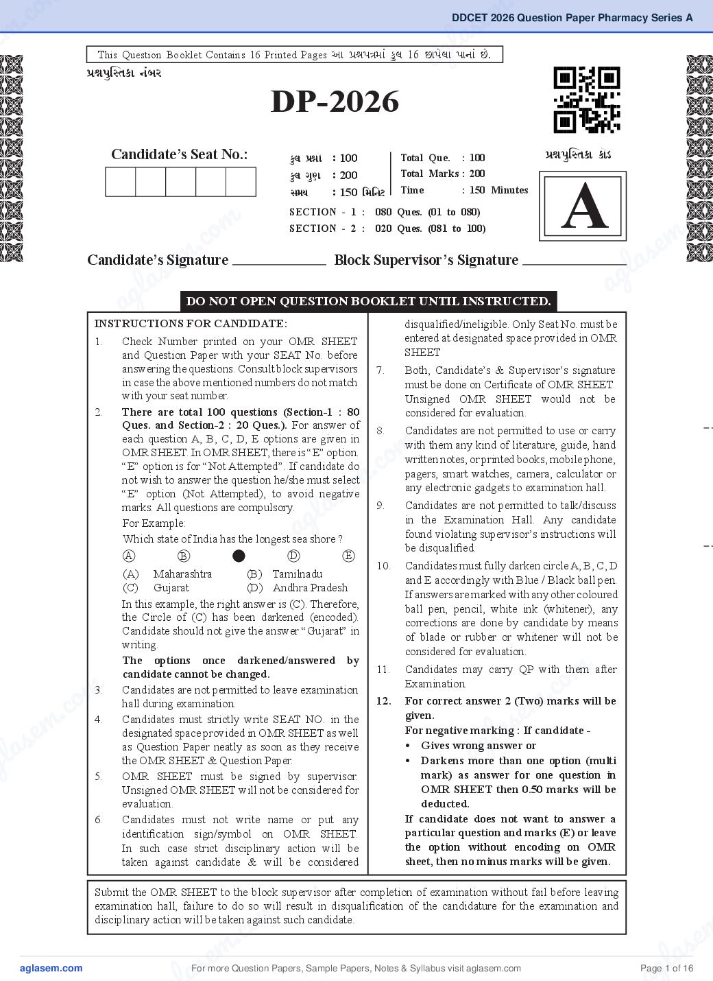 DDCET 2026 Question Paper Pharmacy Series A - Page 1 of 16