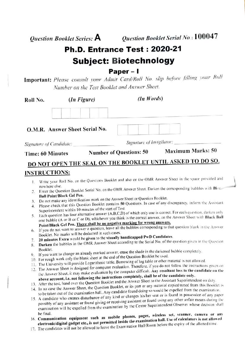 PU M.Phil & Ph.D Entrance Exam 2020 Question Paper Faculty of Science - Page 1