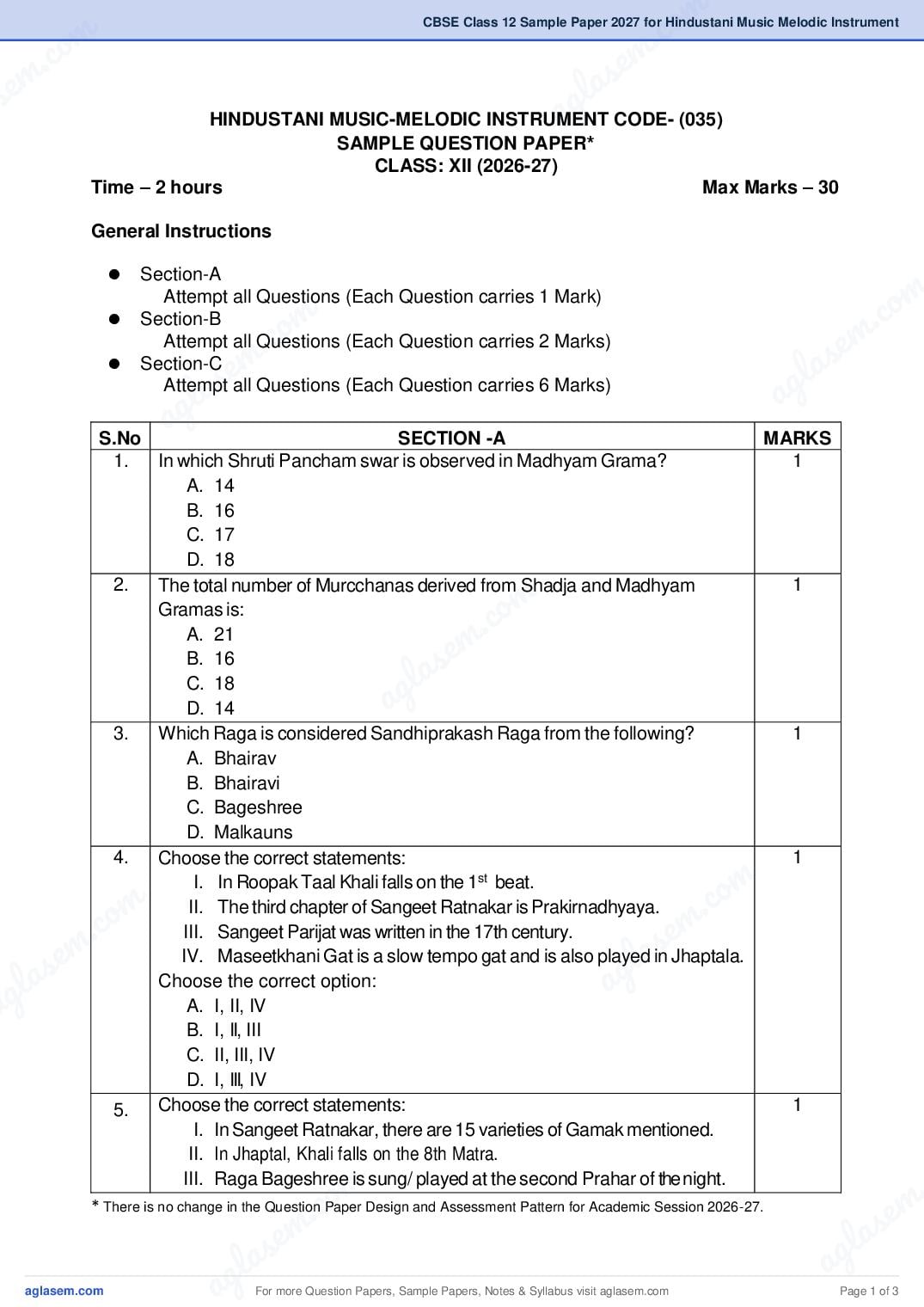 CBSE Class 12 Sample Paper 2027 for Hindustani Music Melodic Instrument - Page 1 of 3
